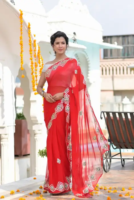 RED GOTA PATI SAREE SET